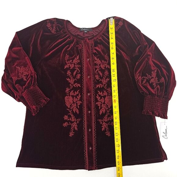 Calessa Button Up Down Shirt Womens Size 1X Red Floral Embroidered Velvet Boho - Picture 6 of 8